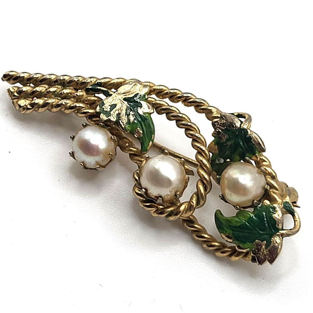 Stunning Antique Pearl And Enamel Leaf Brooch Pin 175in 35$